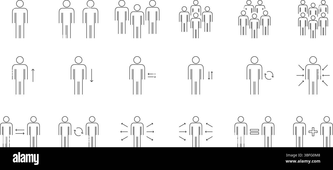 Jeu d'icônes interaction humaine et ligne de mouvement. Dynamique sociale, communication, Groupe Behavior Outline Collection de symboles. Concept de croissance et de mouvement Illustration de Vecteur