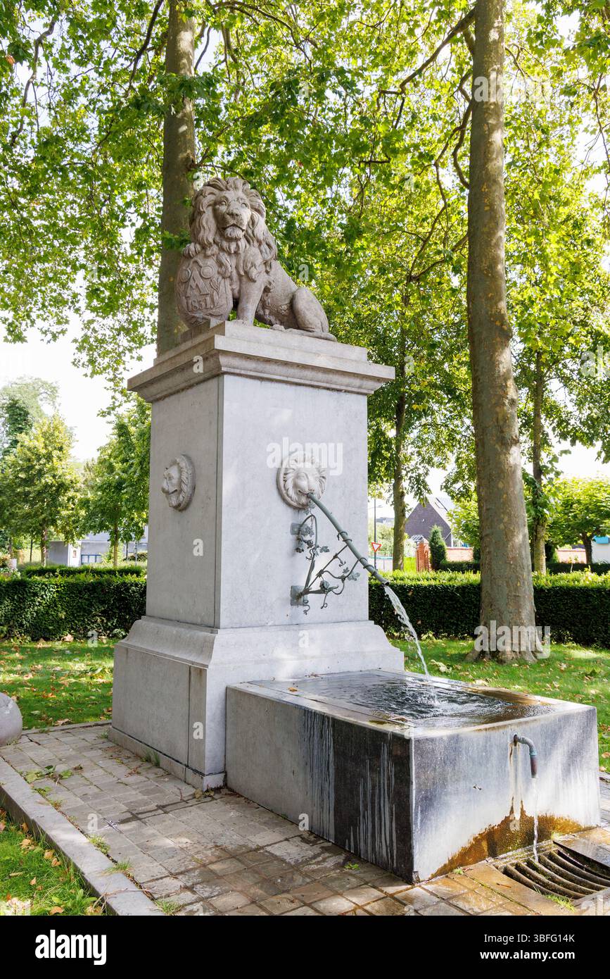 Lion avec les armoiries fontaine d'eau potable, Oudenaarde, Flandre orientale, Belgique Banque D'Images
