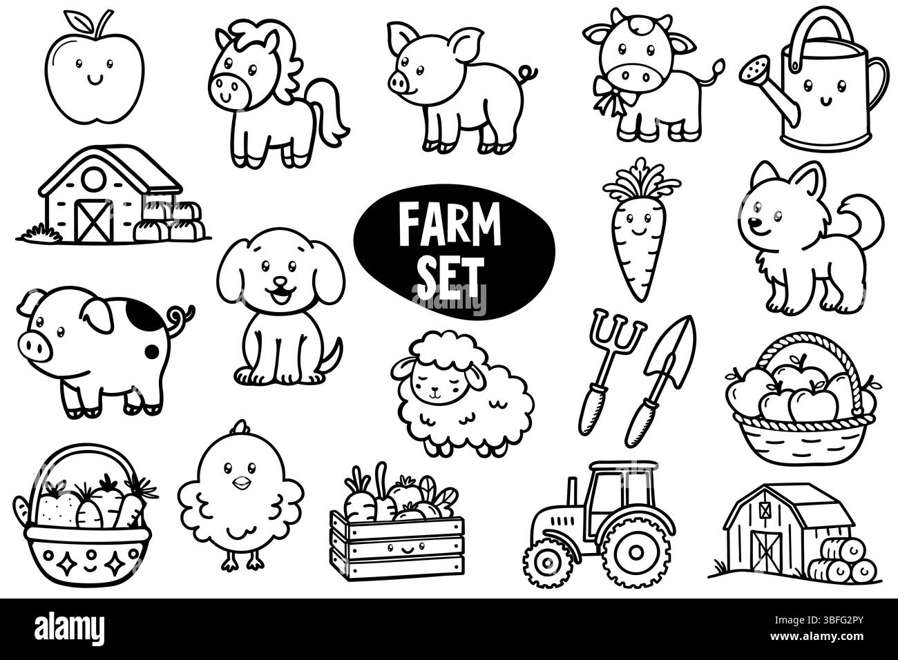 Une collection d'illustrations sur le thème de la ferme comprenant des animaux, des légumes et du matériel agricole. Dispose d'une grange, tracteur, et divers animaux de ferme comme Illustration de Vecteur