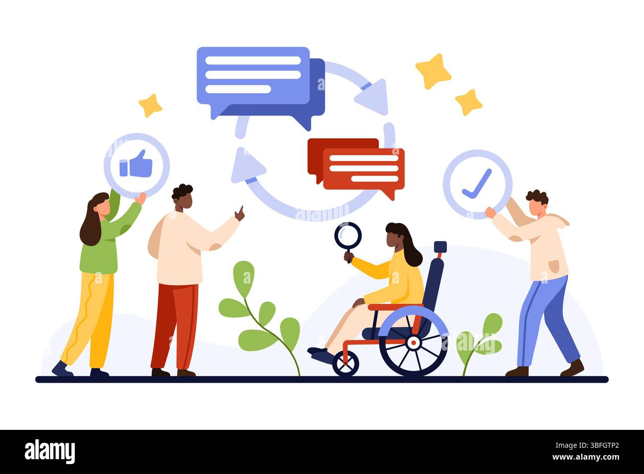 Communication et écoute actives, compétences commerciales douces, relation efficace au bureau. Les gens minuscules parlent et écoutent dans la conversation avec la flèche de boucle et les messages illustration vectorielle de dessin animé Illustration de Vecteur