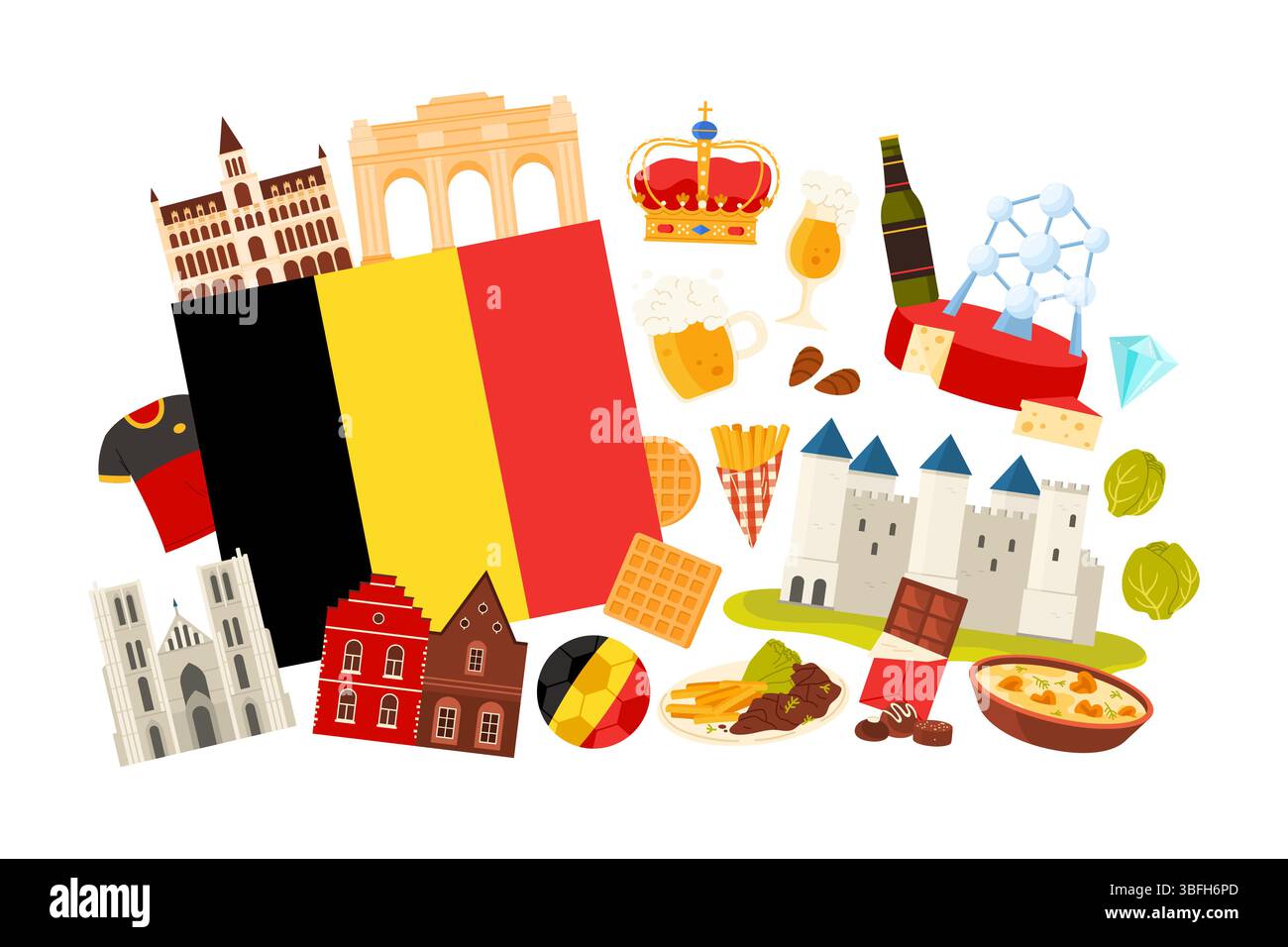 Voyage en Belgique, éléments de culture et grand drapeau belge, nourriture célèbre et monuments dans la bannière de collage infographique. Ragoût flamand et bière, bâtiments historiques et illustration vectorielle de dessin animé Atomium Illustration de Vecteur