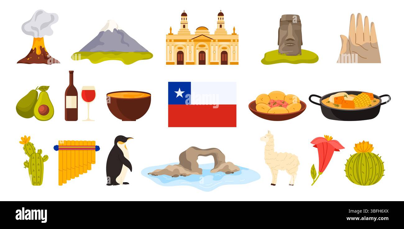 Culture du Chili, symboles et monuments nationaux, célèbre ensemble gastronomique et œnologique. Cathédrale métropolitaine de Santiago, geyser El Tatio et statues de pierre Moai de l'île de Pâques illustration vectorielle de dessin animé Illustration de Vecteur
