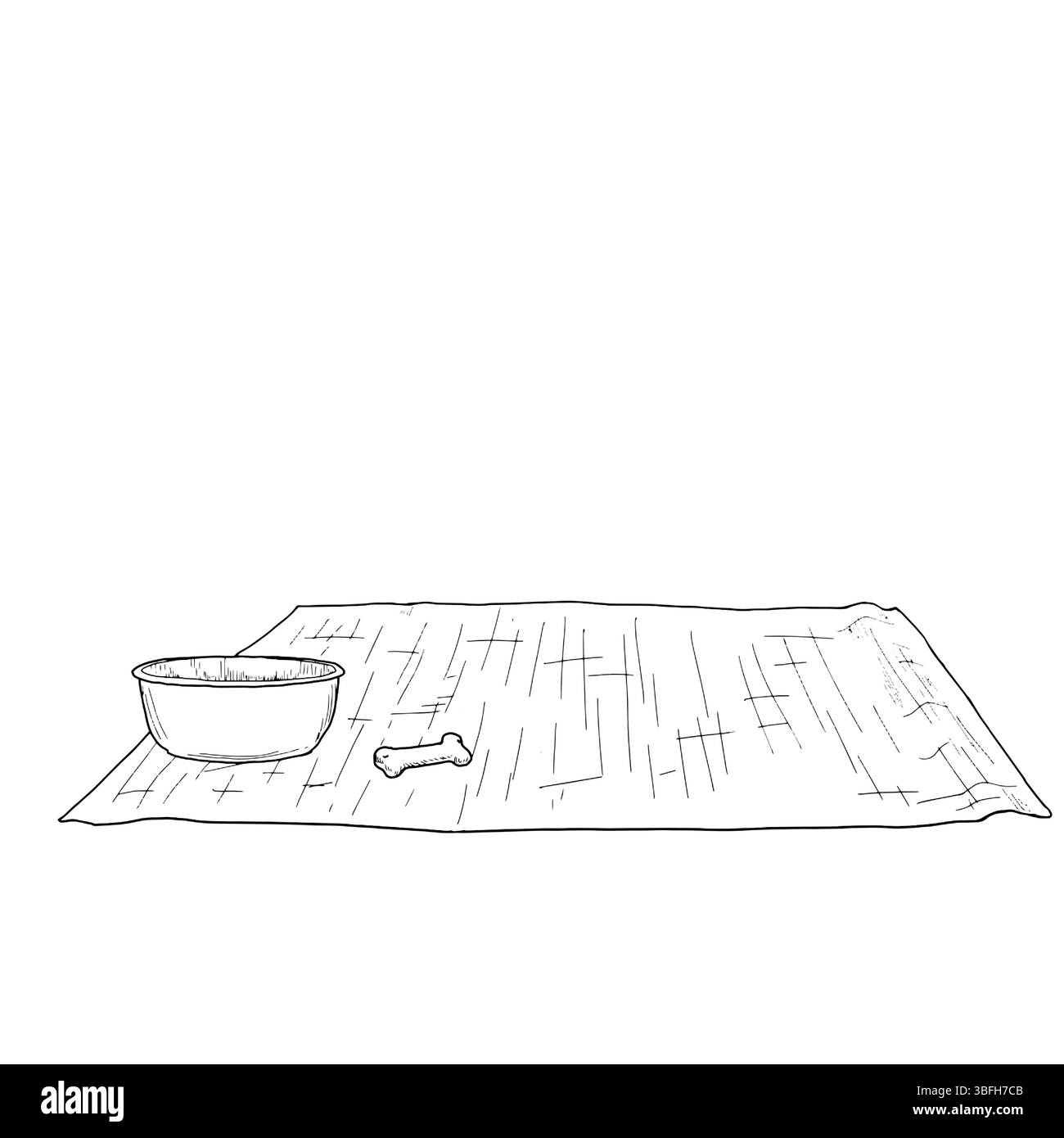 Tapis de chien, bol et os, croquis à l'encre noire et blanche. Illustration vectorielle. Un endroit confortable pour un animal de compagnie pour se reposer, isolé sur un fond blanc. Le dessin est Illustration de Vecteur