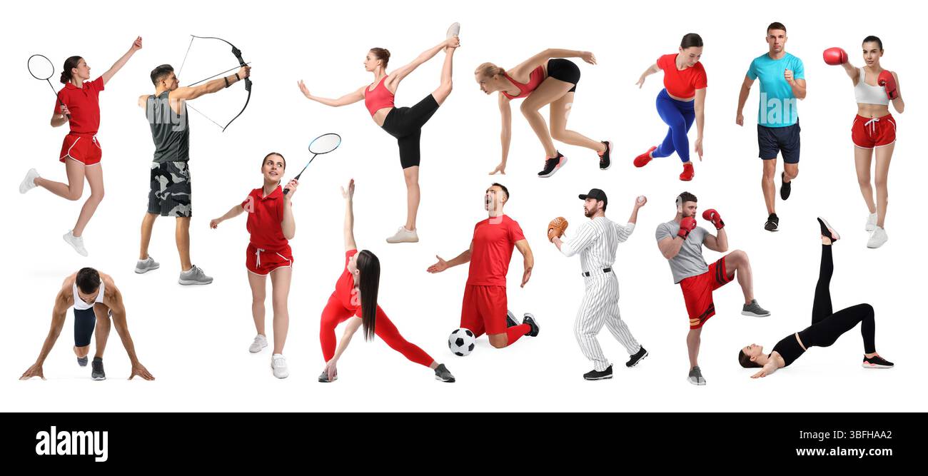 Les gens engagés dans différentes activités sportives sur fond blanc, collage Banque D'Images