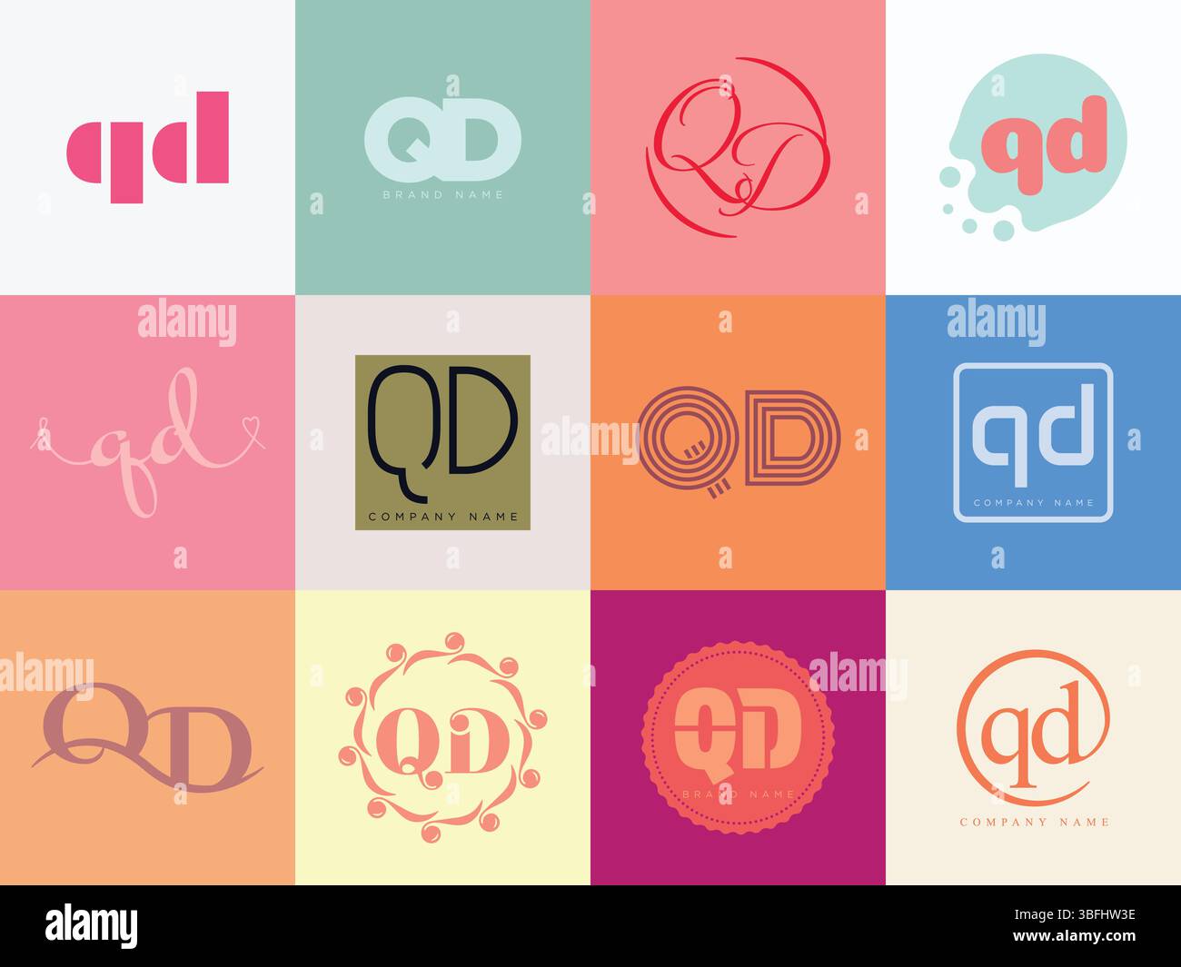 Modèle d'entreprise du logo QD. Lettre q et d logotype. Définissez différents lettrage serif classique et texte audacieux moderne avec des éléments de design. Typog. Police initiale Illustration de Vecteur