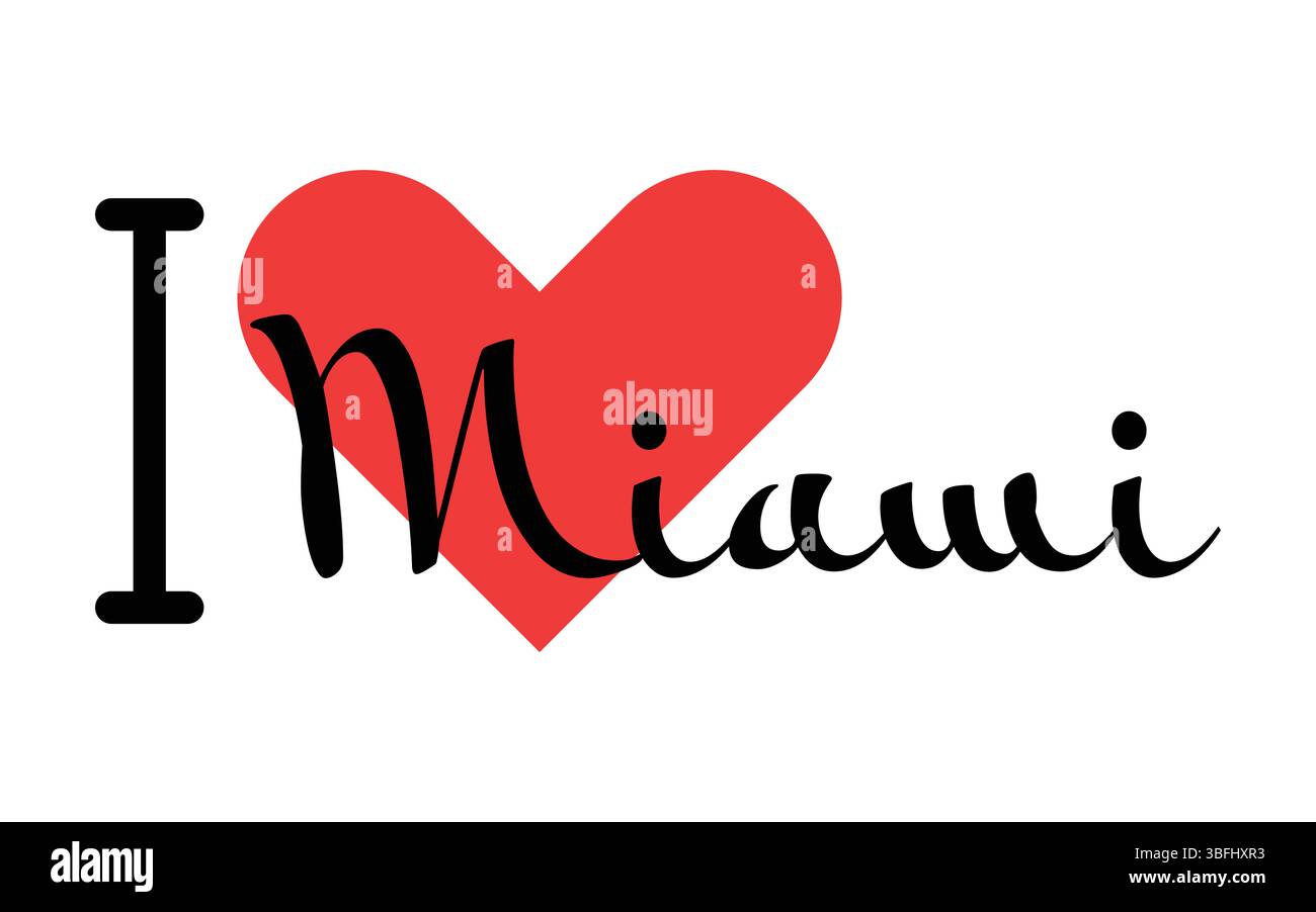J'adore Miami, ville des États-Unis. Lettres dessinées à la main avec cœur rouge. Lettrage d'illustration vectorielle, design moderne pour t-shirt d'impression, bannière, affiche Illustration de Vecteur