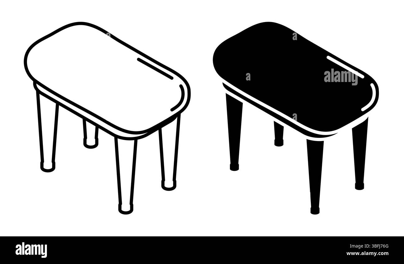 Icône linéaire, pouf rectangulaire doux isométrique, place pianiste au piano. Banc de chaise sur quatre pieds. Simple vecteur de vue de dessus noir et blanc isolé sur whi Illustration de Vecteur