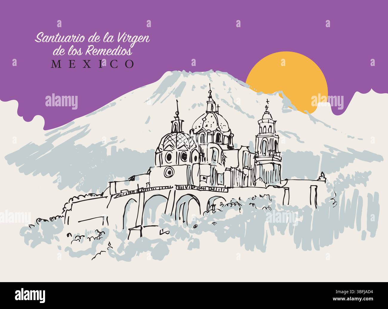 Illustration vectorielle dessinée à la main de Iglesia de Nuestra Senora de los Remedios, une église paroissiale catholique mexicaine du 16ème siècle iin Puebla. Illustration de Vecteur
