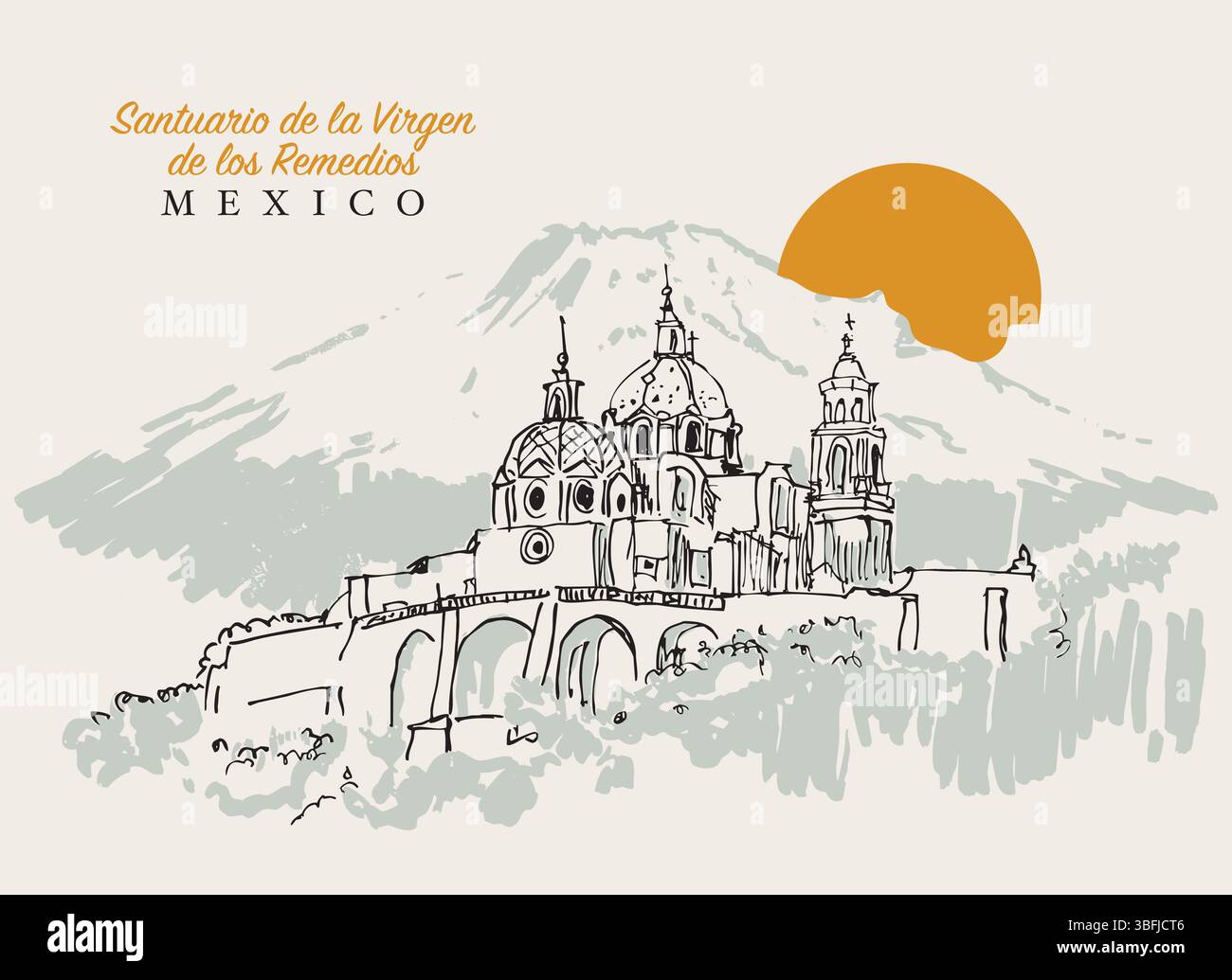 Illustration vectorielle dessinée à la main de Iglesia de Nuestra Senora de los Remedios, une église paroissiale catholique mexicaine du 16ème siècle iin Puebla. Illustration de Vecteur