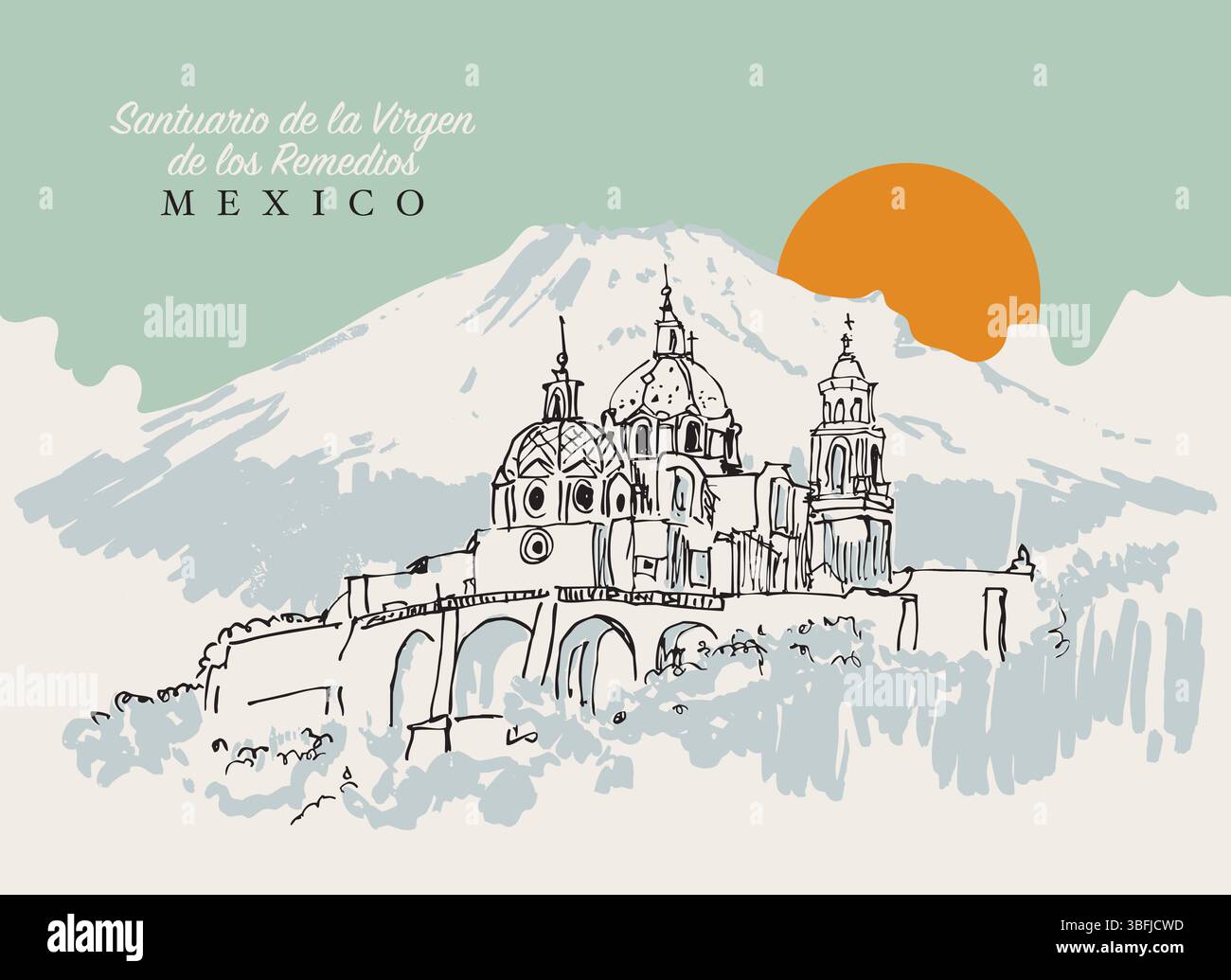 Illustration vectorielle dessinée à la main de Iglesia de Nuestra Senora de los Remedios, une église paroissiale catholique mexicaine du 16ème siècle iin Puebla. Illustration de Vecteur