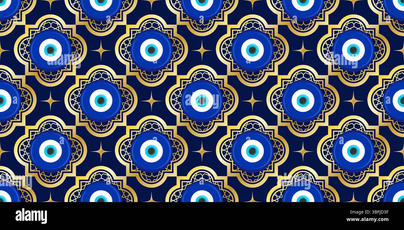 Mauvais oeil grec modèle sans couture. Fond de vecteur avec des perles bleues. nazar turc - symbole ethnique de l'énergie de protection et de la chance. Amulette mystique avec Illustration de Vecteur
