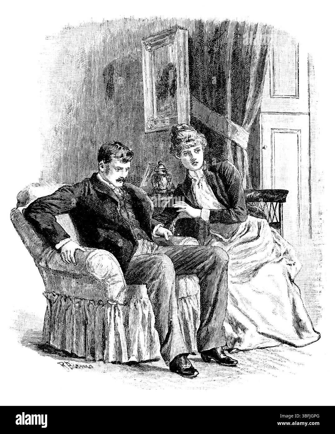 Couple victorien engagé dans une conversation secrète, illustration au trait gravé, par Robert Barnes de 1892 The Quiver Magazine Banque D'Images