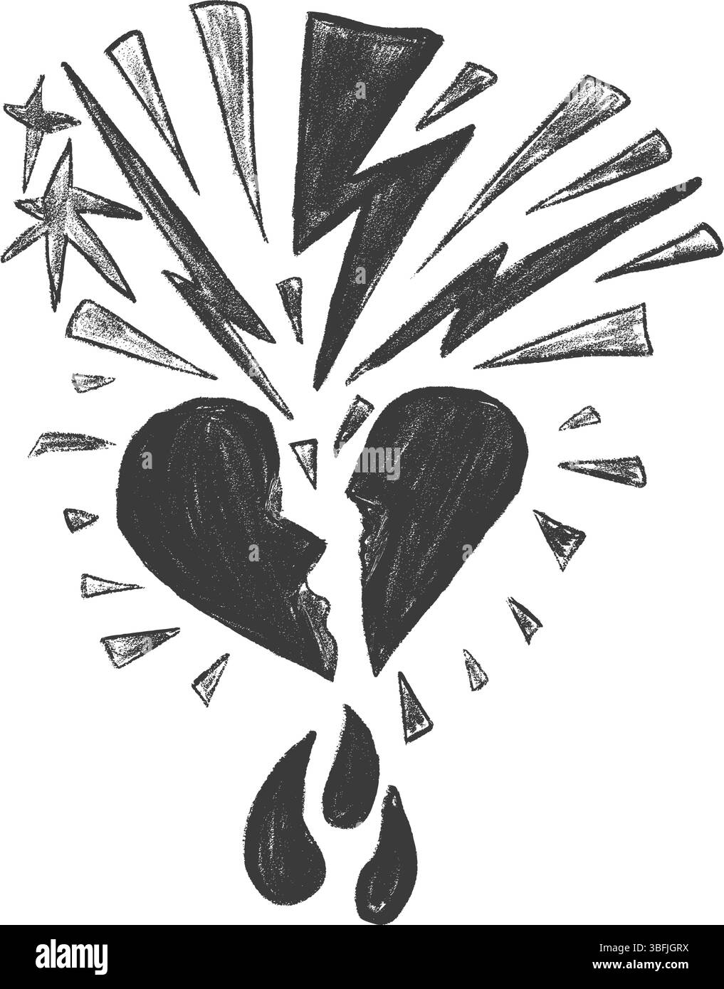 Crayon coeur brisé dessiné. Marqueur de rupture doodle isolé sur fond blanc. Aimer les éléments de peinture grunge dessinés à la main naïfs. Vecteur Gritty grunge in Illustration de Vecteur