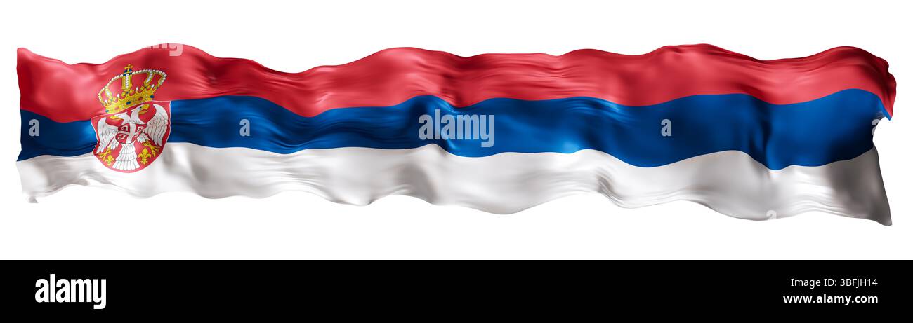 Drapeau stylisé de Serbie agitant au vent, isolé sur fond blanc. Pied de page, en-tête ou séparateur. Découpez un élément panoramique large. Bannière pour Banque D'Images