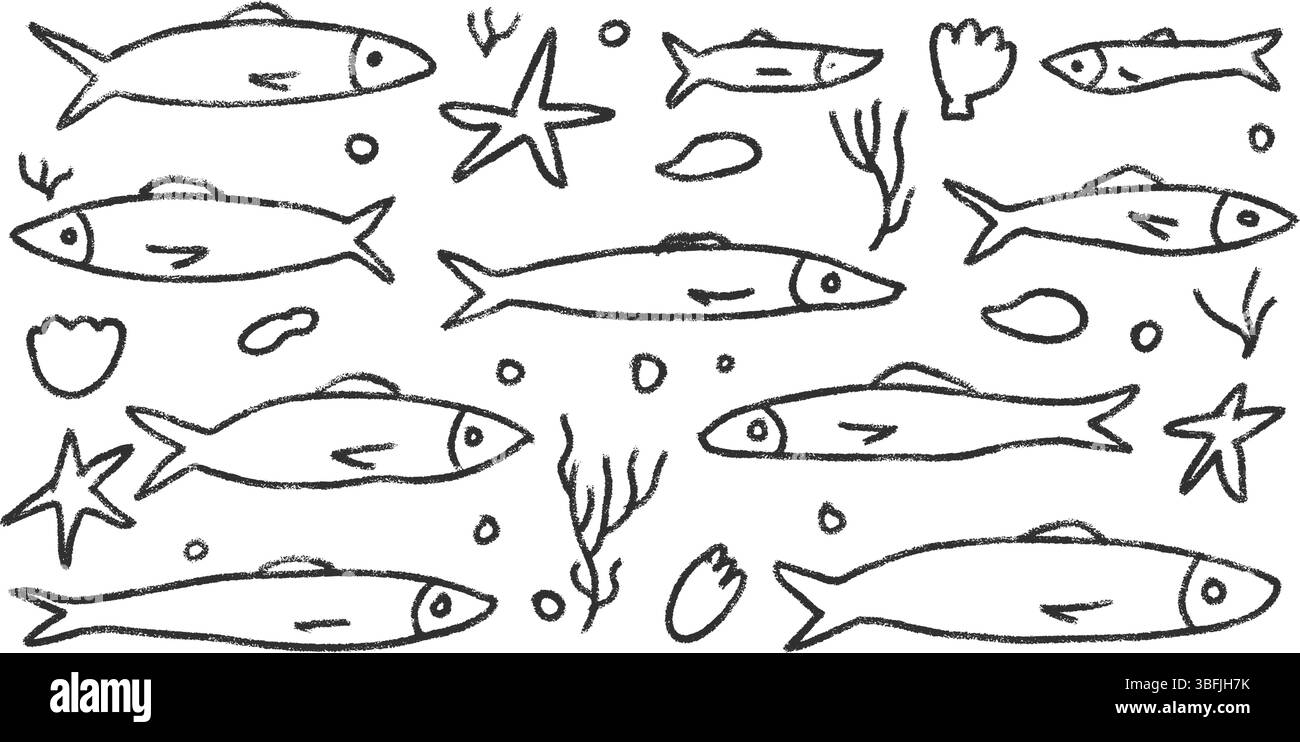 Jeu de doodle de poissons. Sardines dessinées à la main griffonnage École de poissons dans la mer. Illustration nautique monochrome vectorielle par aquarium à crayons sur backgro blanc Illustration de Vecteur