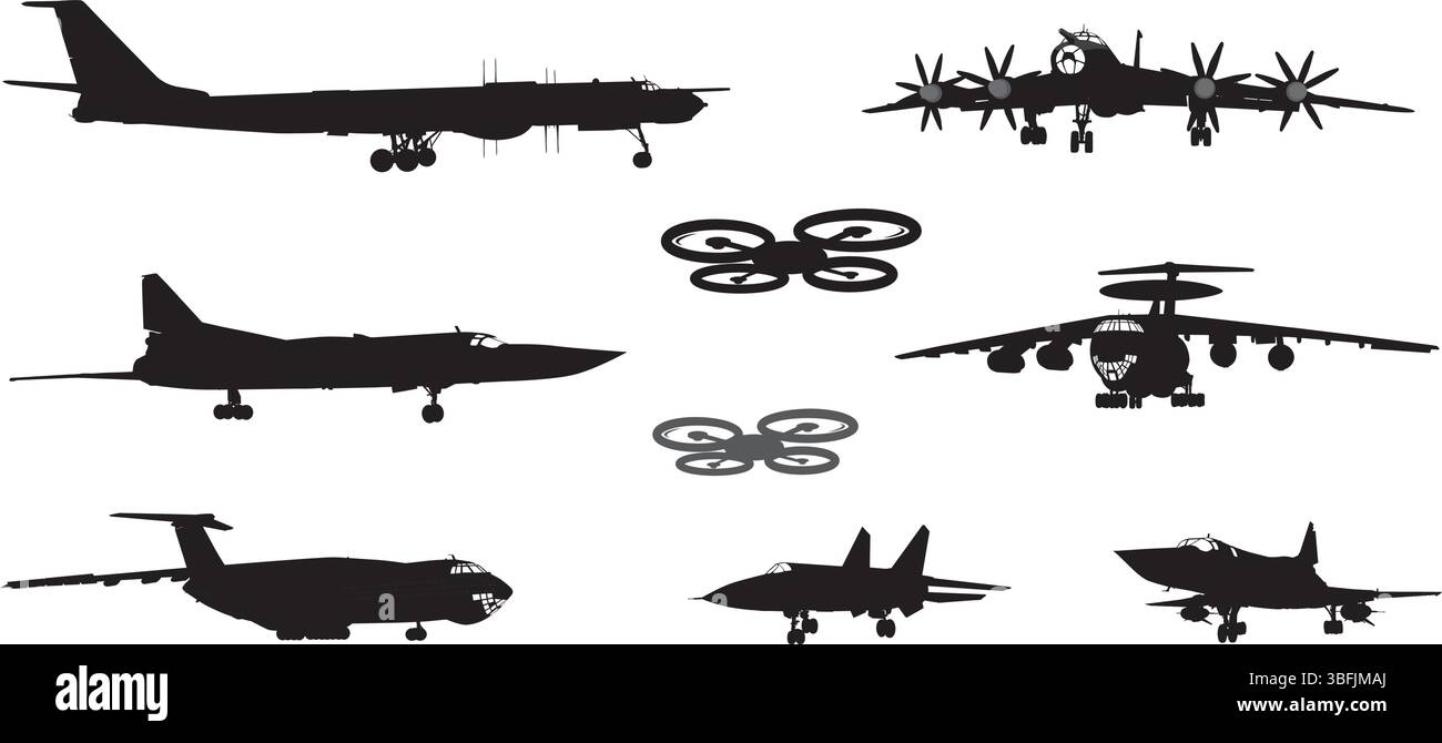 Collection de silhouettes vectorielles d'avions et de drones. Thème aérodrome Illustration de Vecteur