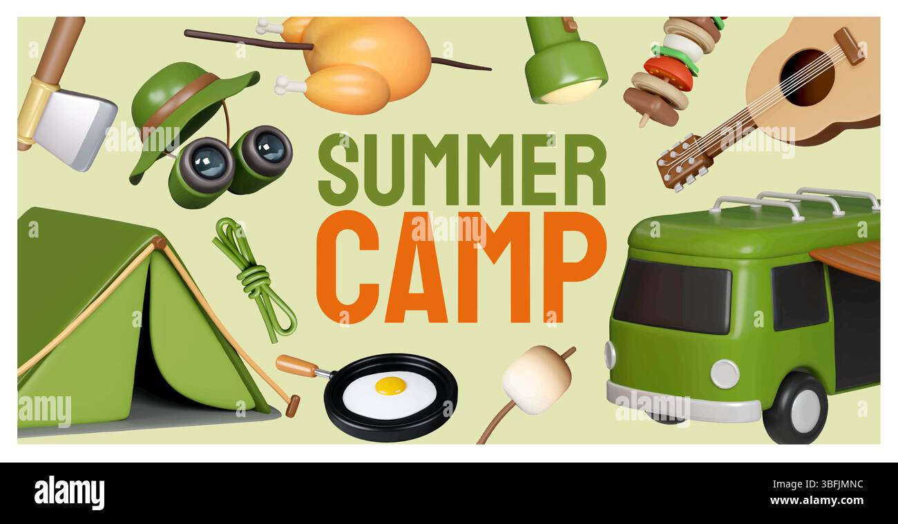 Célébration du camping au camp d'été entouré d'éléments amusants et naturels. Illustration vectorielle Illustration de Vecteur