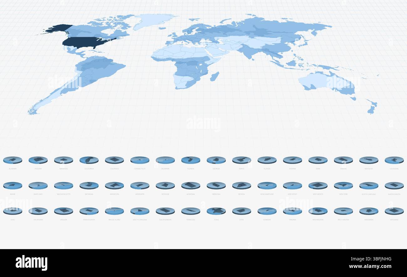 Cartes des États-UNIS en style isométrique circulaire, ton bleu. Cartes au format circulaire. Illustration de Vecteur