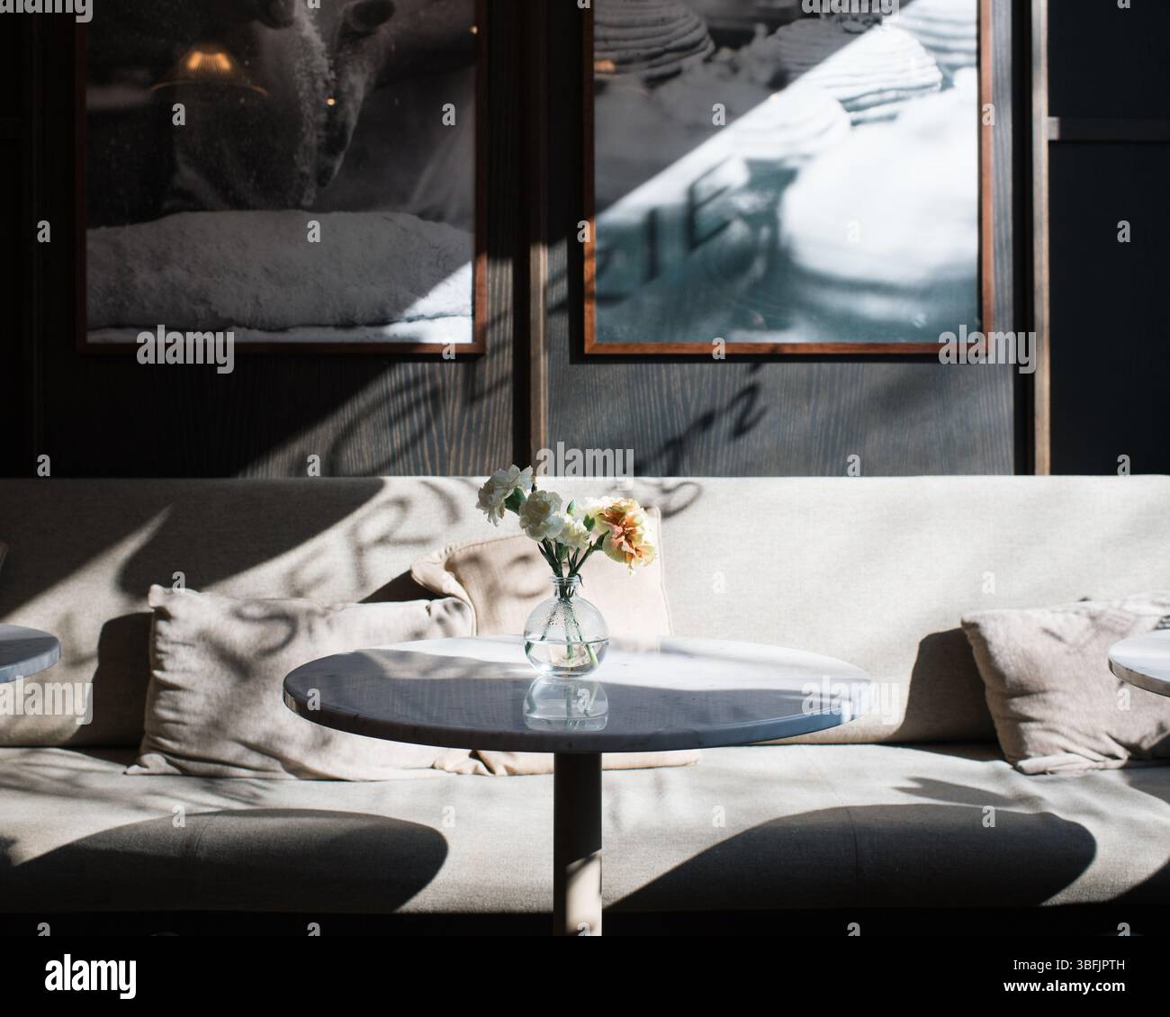 fleurs sur une table dans un café avec le soleil brille à travers la fenêtre Banque D'Images fleurs sur une table dans un café avec le soleil brille à travers la fenêtre Banque D'Images