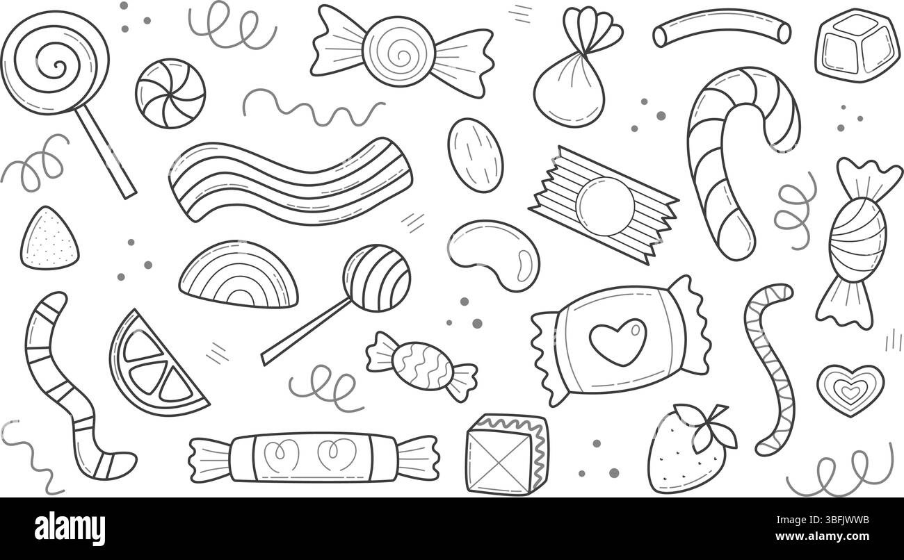 Ensemble de bonbons et bonbons doodle ensemble de style d'esquisse. Images dessinées à la main de contour noir de sucettes, chocolats, truffes, pastille, canne de bonbons, marmelade Illustration de Vecteur