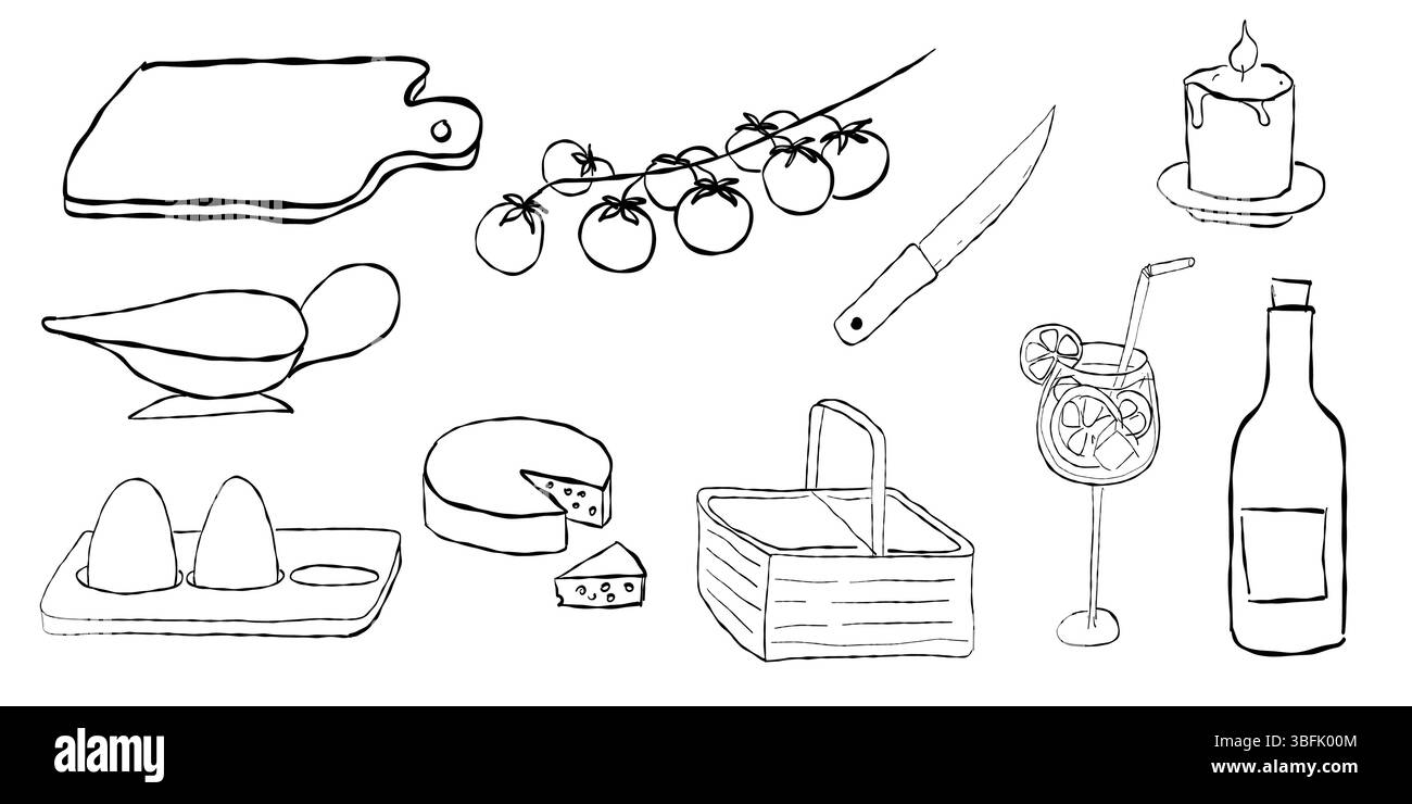 Ensemble pique-nique avec panier œufs tomates bougie fromage limonade planche à découper et bouteille Illustration de Vecteur