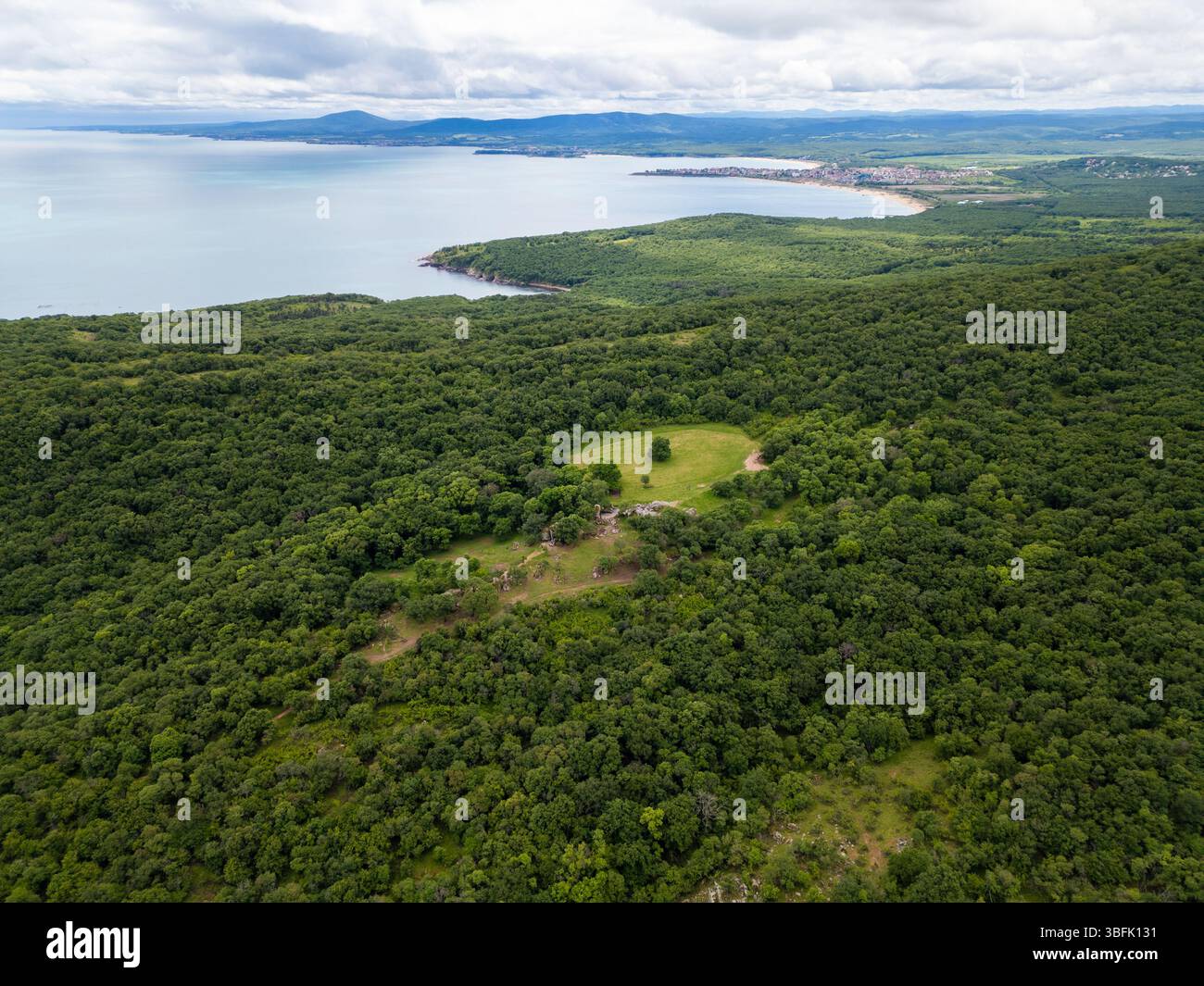 Vue aérienne de la forêt verdoyante et du littoral en Bulgarie. Pré ouvert et ruines antiques visibles parmi les arbres. Paysage pittoresque de la mer Noire Banque D'Images