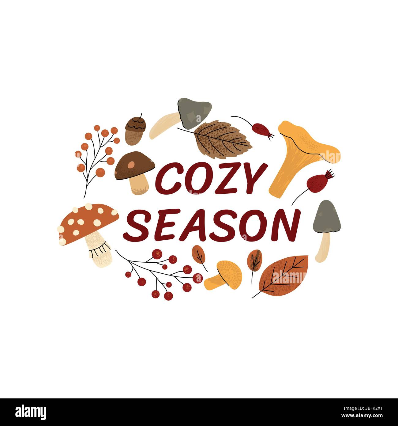 Design d'automne confortable avec des champignons, des feuilles, des baies et des glands entourant le texte Cozy Season. Illustration d'automne chaude dans un style plat dessiné à la main sur Illustration de Vecteur