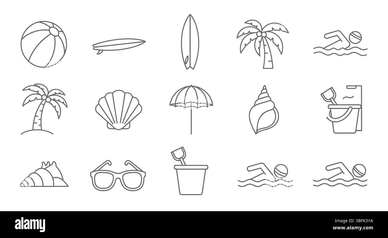 Jeu d'icônes de plage – symboles océan, sable, soleil et vacances Illustration de Vecteur