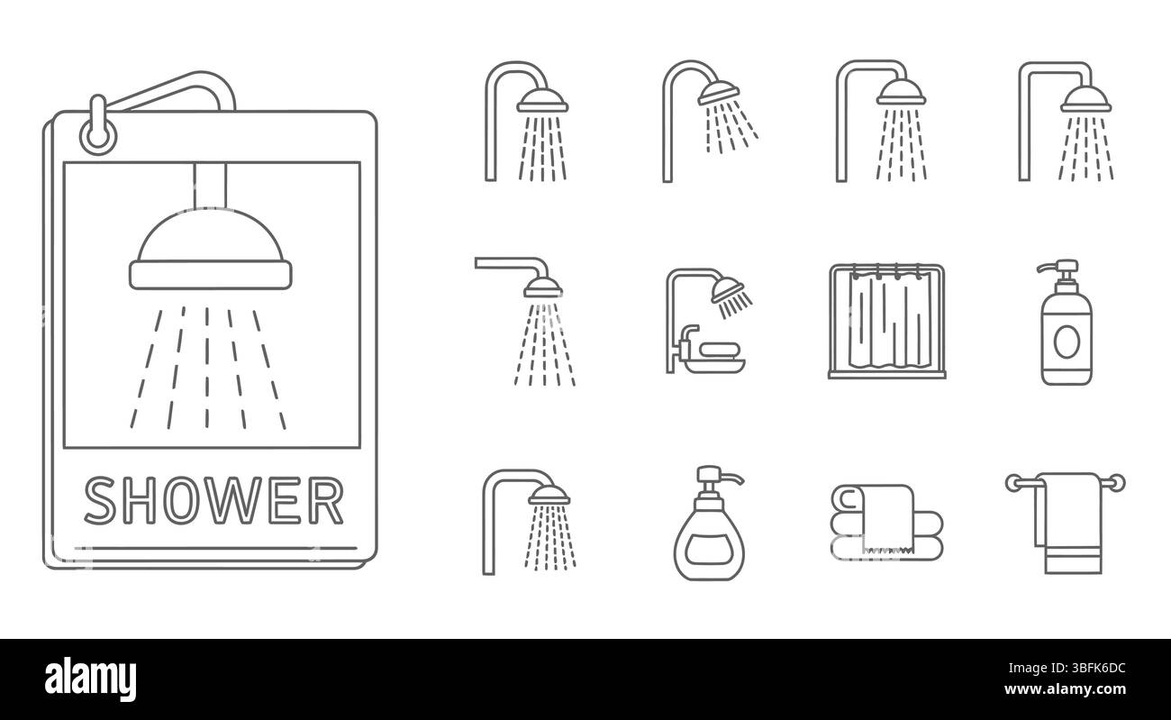 Ensemble d'icônes de douche – symboles salle de bain, hygiène, eau et nettoyage Illustration de Vecteur