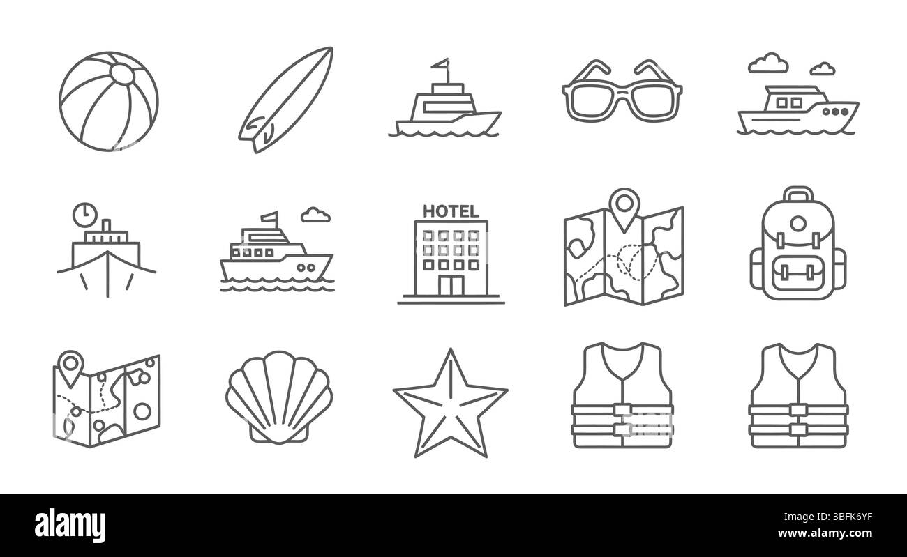 Jeu d'icônes vacances – symboles voyage, vacances, détente et loisirs Illustration de Vecteur