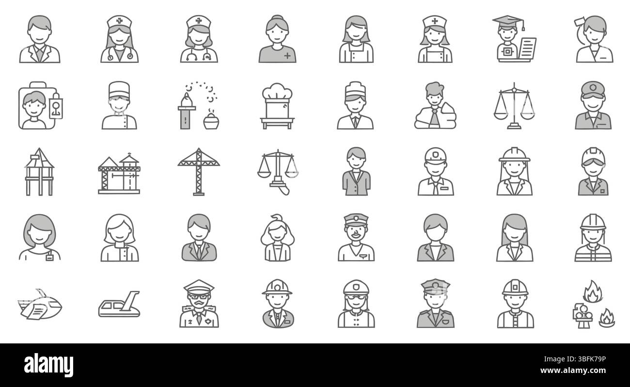 Jeu d'icônes professions – Carrières, emplois, professions et symboles de travail Illustration de Vecteur