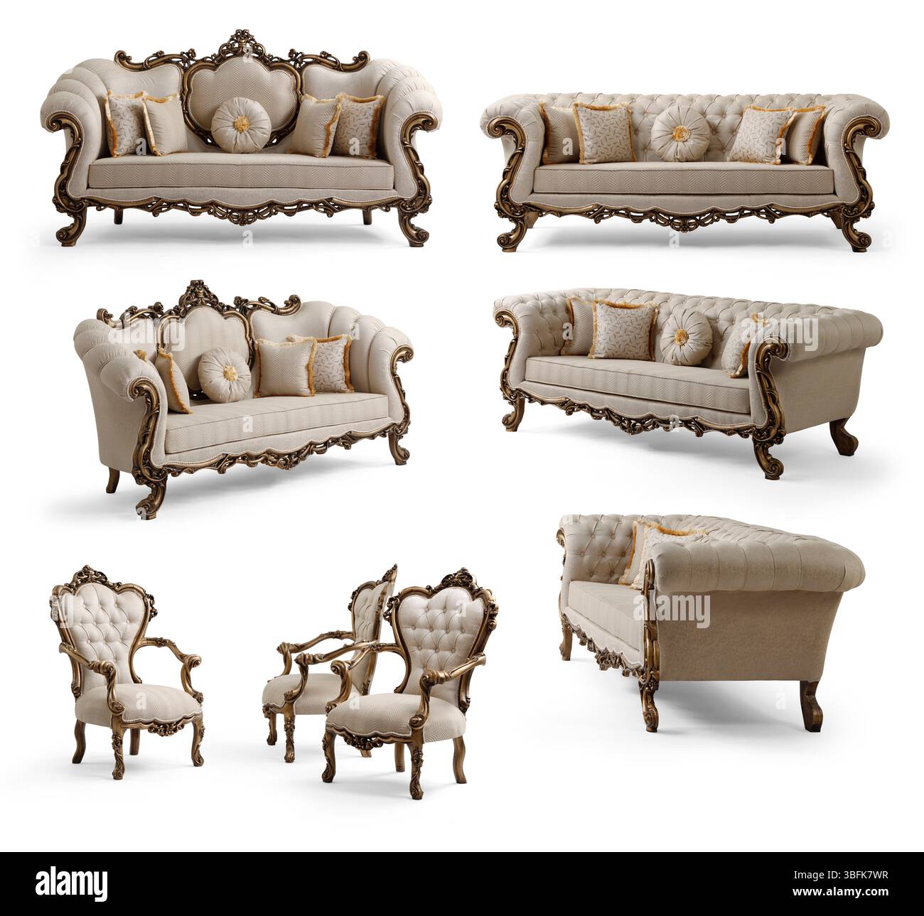 Meubles classiques dans un ensemble séparé isolé sur fond blanc. canapé , fauteuil , table basse Banque D'Images