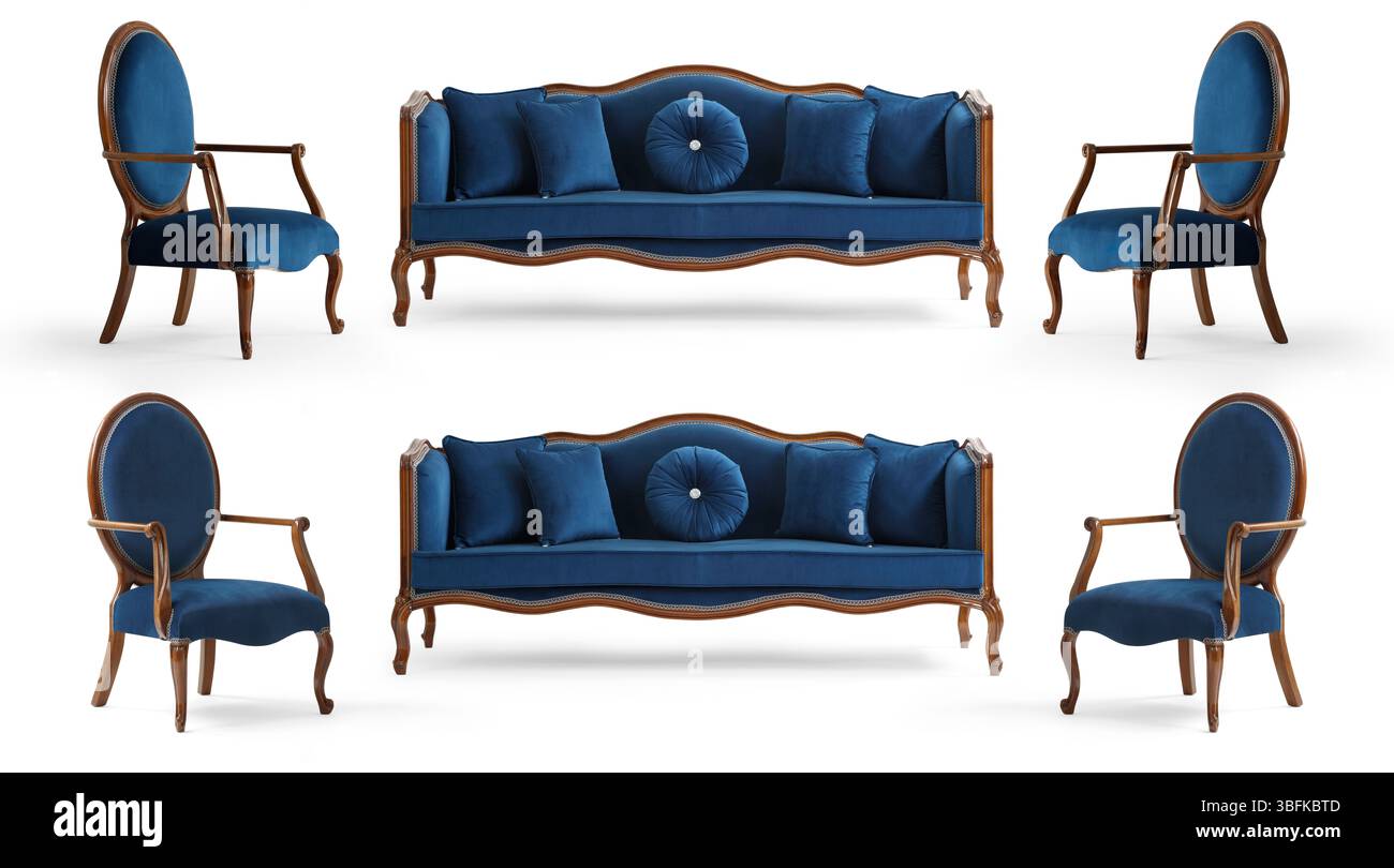 Mobilier bleu classique ensemble isolé sur fond blanc .canapé classique et fauteuil Banque D'Images