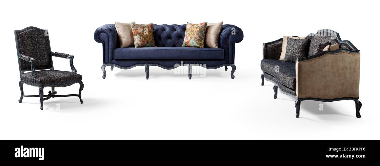 Ensemble de meubles classiques isolé sur fond blanc. canapé et fauteuil Banque D'Images