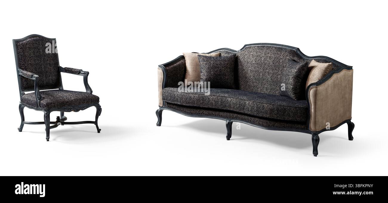 Ensemble de meubles noirs classiques isolé sur fond blanc. canapé et fauteuil Banque D'Images