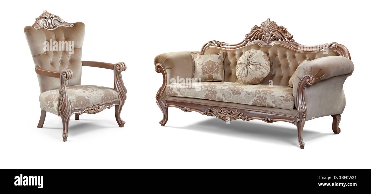 Ensemble de meubles classiques isolé sur fond blanc .canapé et fauteuil Banque D'Images