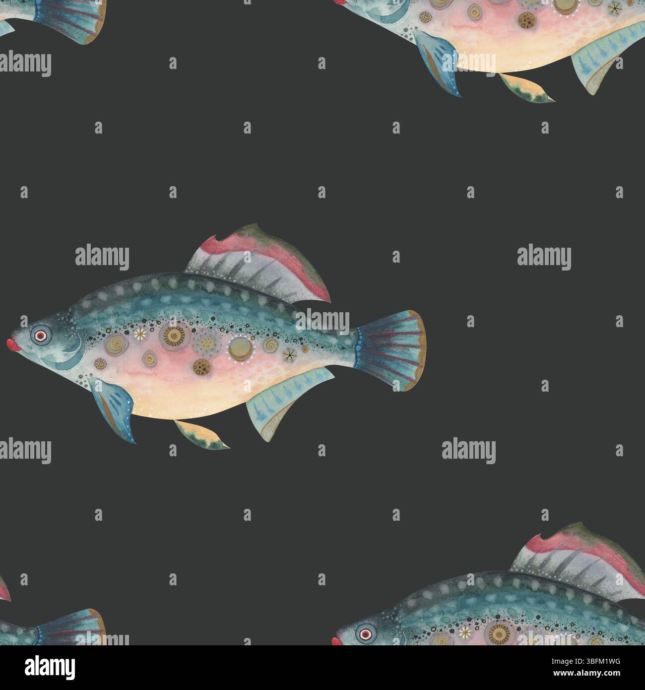 Motif sans couture de poisson aquarelle fantaisie. Illustration fantaisiste peinte à la main avec des textures décoratives et des couleurs magiques. Idéal pour le thème de l'océan Banque D'Images