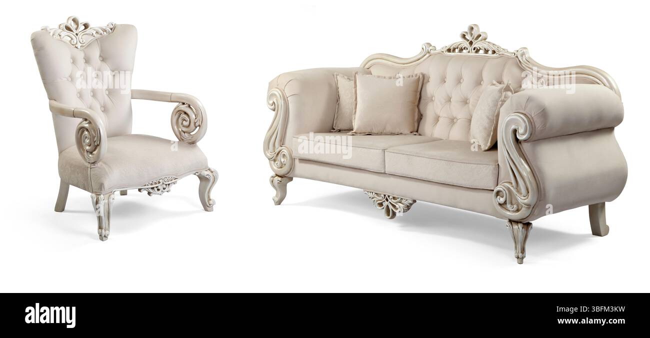 Ensemble de meubles classiques isolé sur fond blanc .canapé et fauteuil Banque D'Images