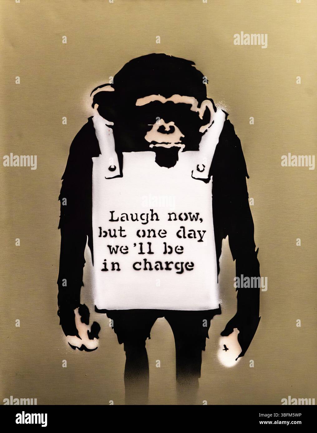 Banksy - Laugh Now, Rethinking Power relations, 2002, Brighton, Royaume-Uni, exposition le monde de Banksy Banque D'Images