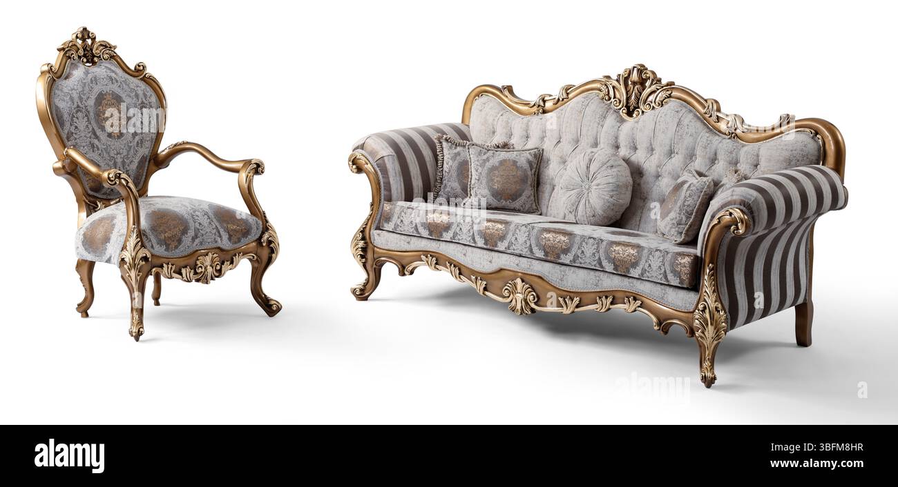 Ensemble de meubles classiques isolé sur fond blanc .canapé et fauteuil Banque D'Images