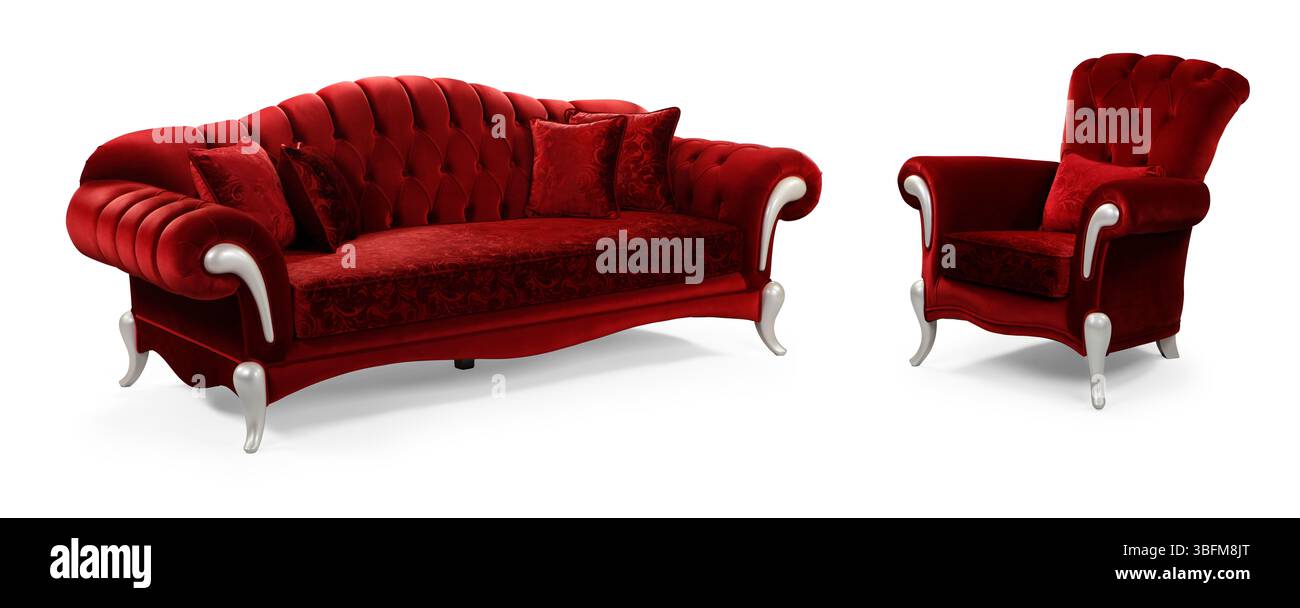 Ensemble de meubles classiques rouges isolé sur fond blanc .canapé et fauteuil Banque D'Images