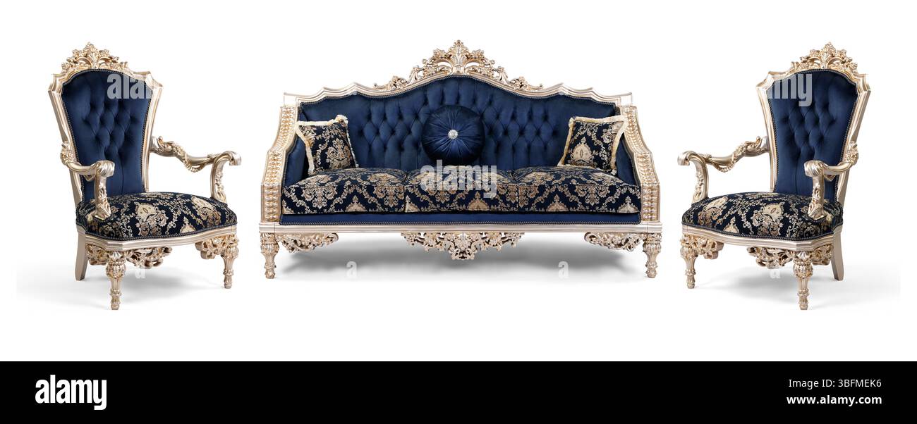 mobilier classique bleu ensemble isolé sur fond blanc .canapé et fauteuil Banque D'Images