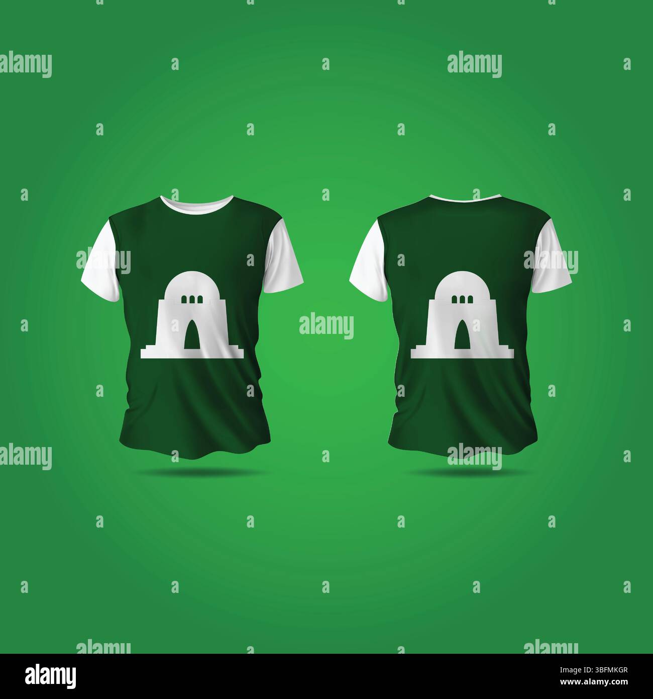Maquette de t-shirt Mazar-e-Quaid devant et dos avec un fond vert foncé Illustration de Vecteur