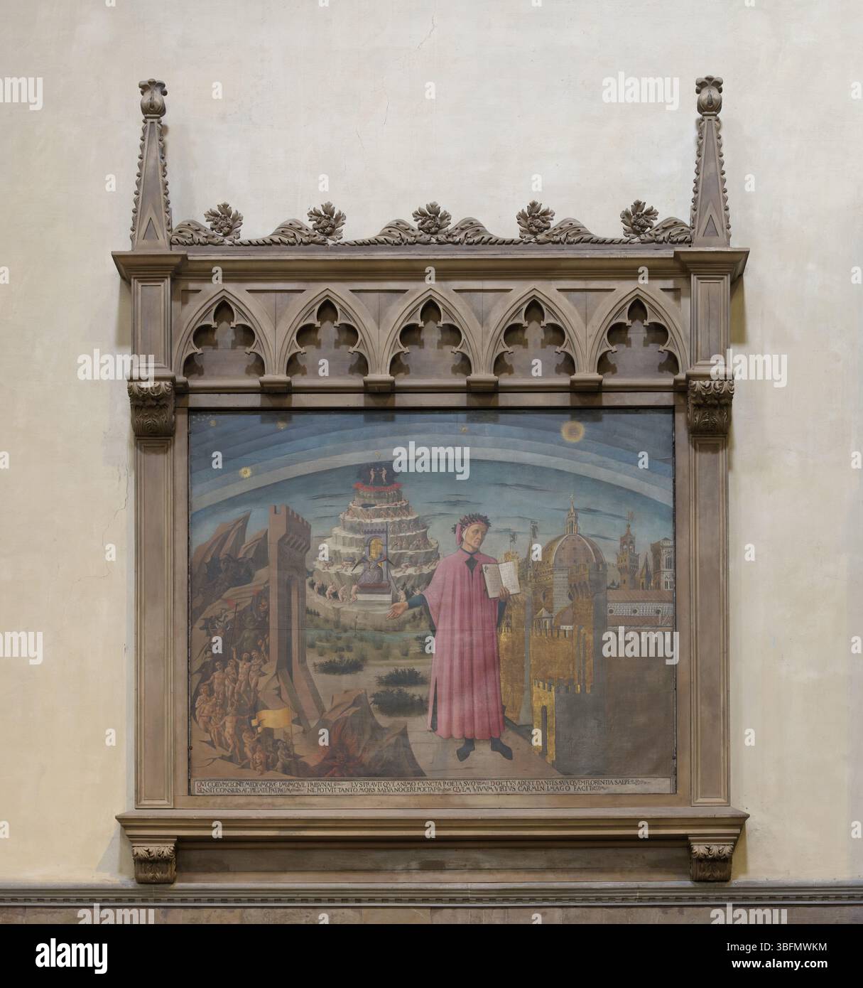 Fresque de Domenico di Michelino 'Dante et les trois royaumes' dans la cathédrale de Florence, Italie, montrant Dante avec la Divine Comédie. Banque D'Images
