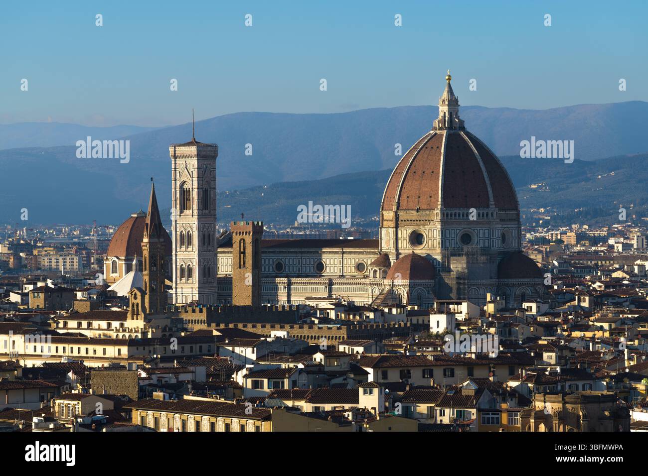 Cathédrale de Florence avec son dôme et le Campanile de Giotto, vue sur les toits de la ville historique. Florence, Toscane, Italie. Banque D'Images