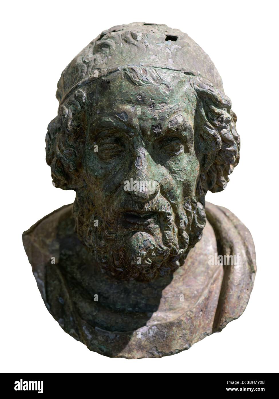 Tête en bronze d'un poète aveugle, traditionnellement identifié comme Homère, portrait hellénistique daté du IIe siècle av. J.-C., trouvé au large de Meloria près de Livourne, en Italie. Banque D'Images