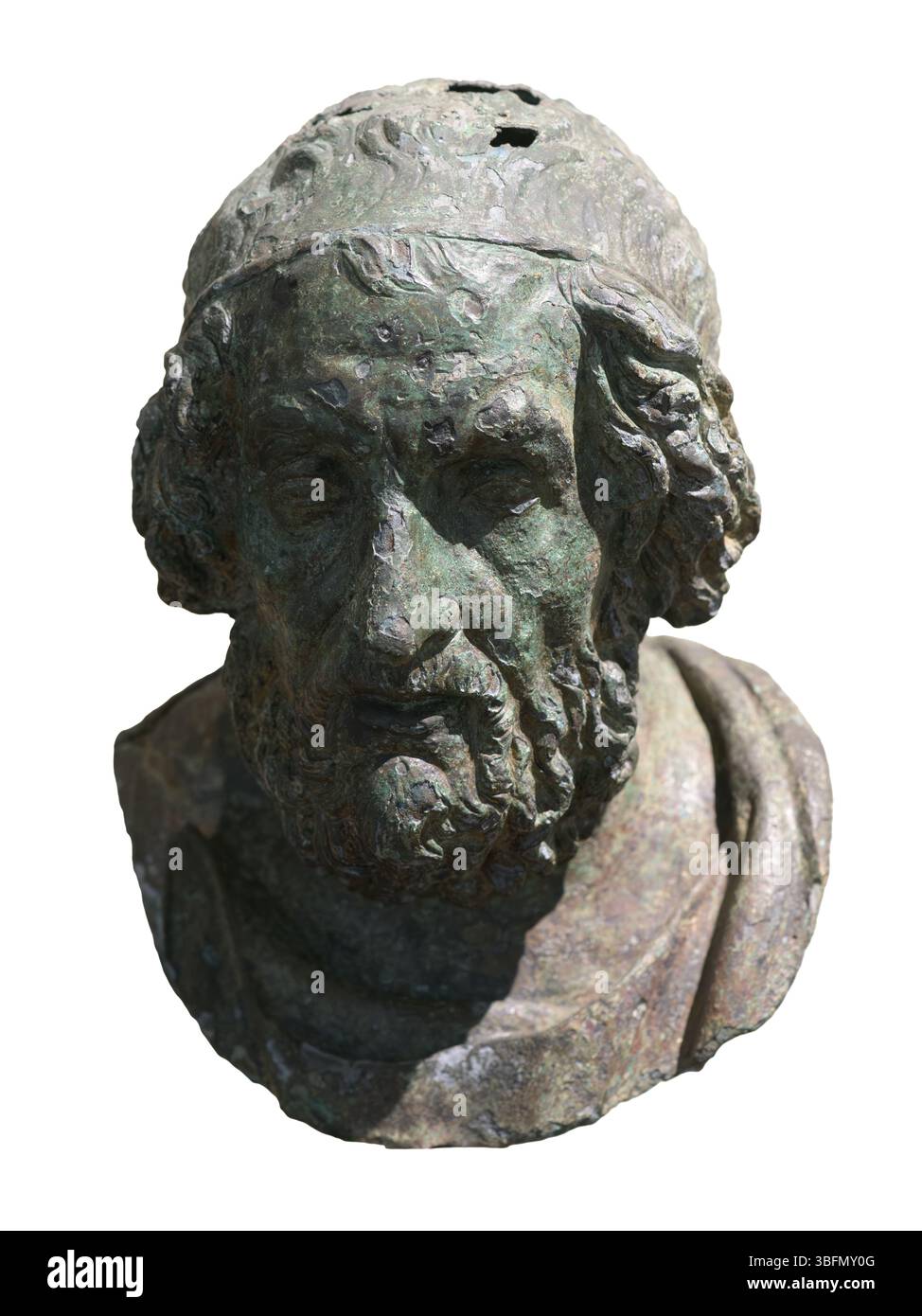 Tête en bronze d'un poète aveugle, traditionnellement identifié comme Homère, portrait hellénistique daté du IIe siècle av. J.-C., trouvé au large de Meloria près de Livourne, en Italie. Banque D'Images
