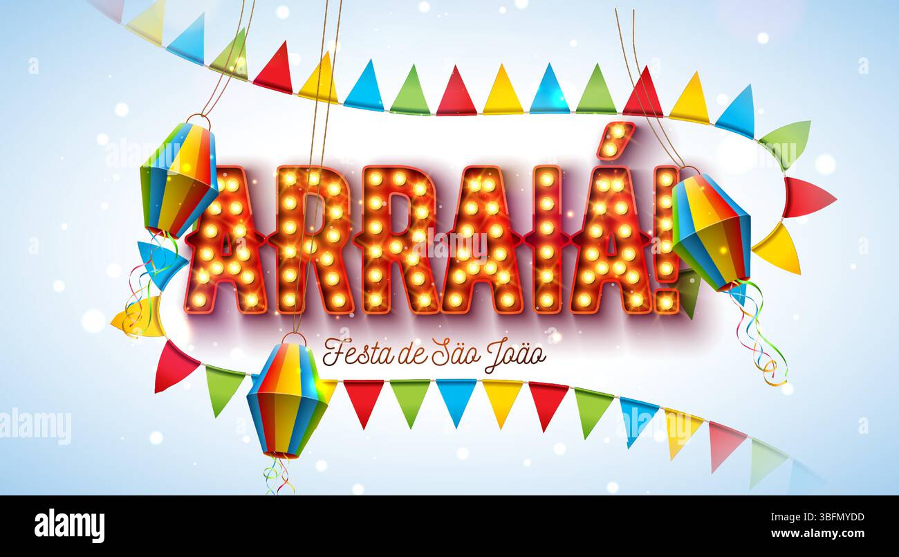 Illustration de Festa Junina avec drapeaux de fête, Confetti et Arraia Light Bulb Billboard lettre sur fond blanc. Vector Brazil Sao Joao June Festival Illustration de Vecteur