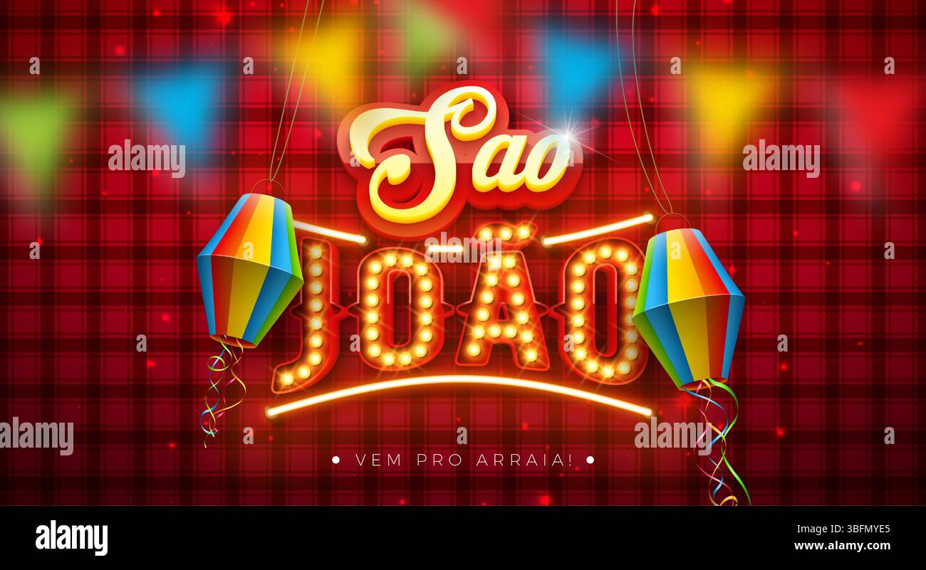 Illustration de bannière Festa Junina avec drapeaux de fête, lanterne en papier et lettre de panneau d'affichage d'ampoule de Sao Joao sur fond à carreaux rouge. Vecteur Brésil Illustration de Vecteur