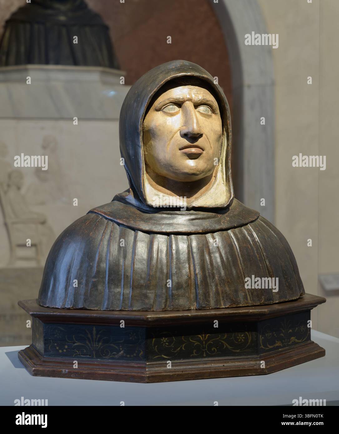 Buste en terre cuite polychrome de Girolamo Savonarola attribué à l'atelier Della Robbia, Museo di San Marco, Florence, Italie. Banque D'Images